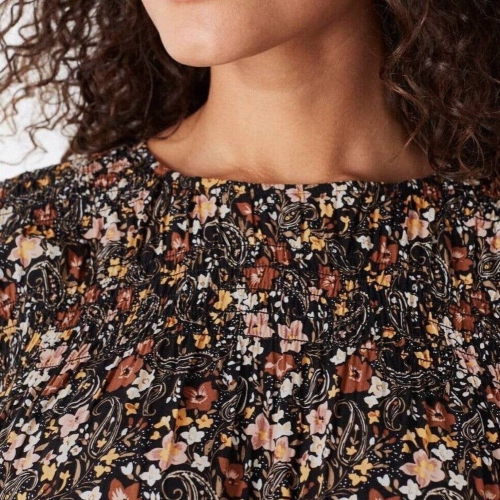 J. Jill Womens Floral Paisley Smocked Long Sleeve Blouse Black Brown Petite S - Picture 3 of 12